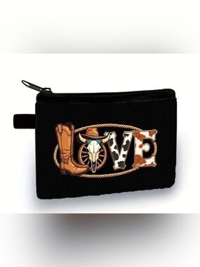 Western "LOVE" Graphic Zipper Pouch - Black with Brown Accents